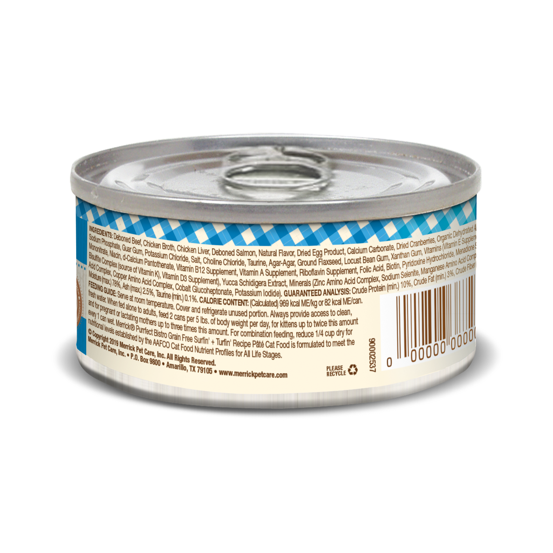 slide 4 of 4, Merrick Purrfect Bistro Grain Free Premium Soft Canned Pate Adult Wet Cat Food, Surfin' And Turfin' Recipe, 3 oz