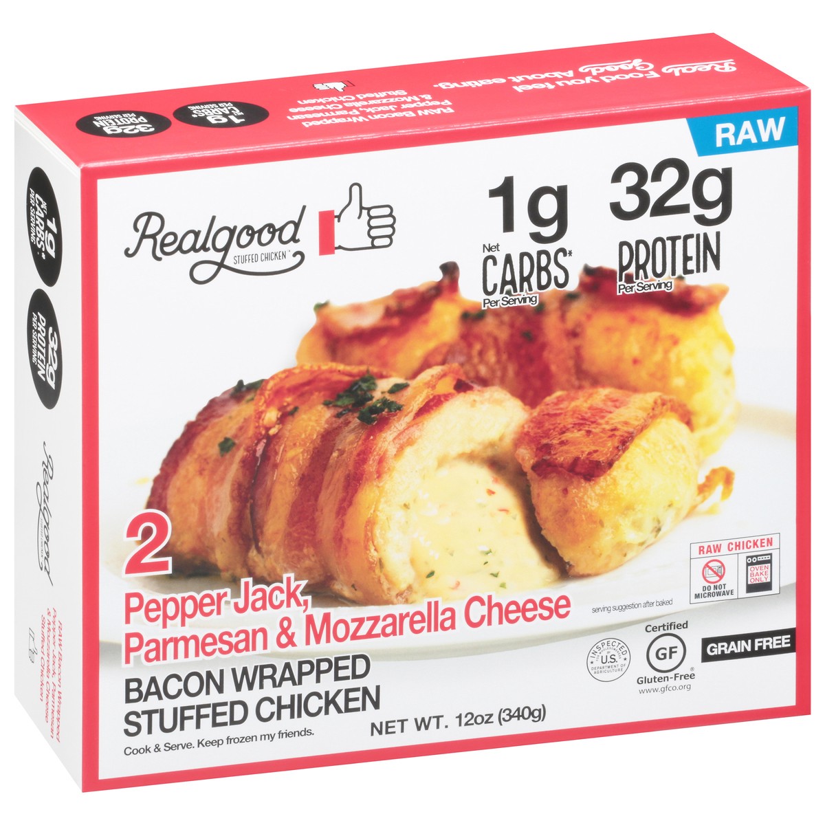 slide 2 of 13, Realgood Foods Co. Pepper Jack, Parmesan & Mozzarella Cheese Bacon Wrapped Stuffed Chicken 2 ea, 12 oz