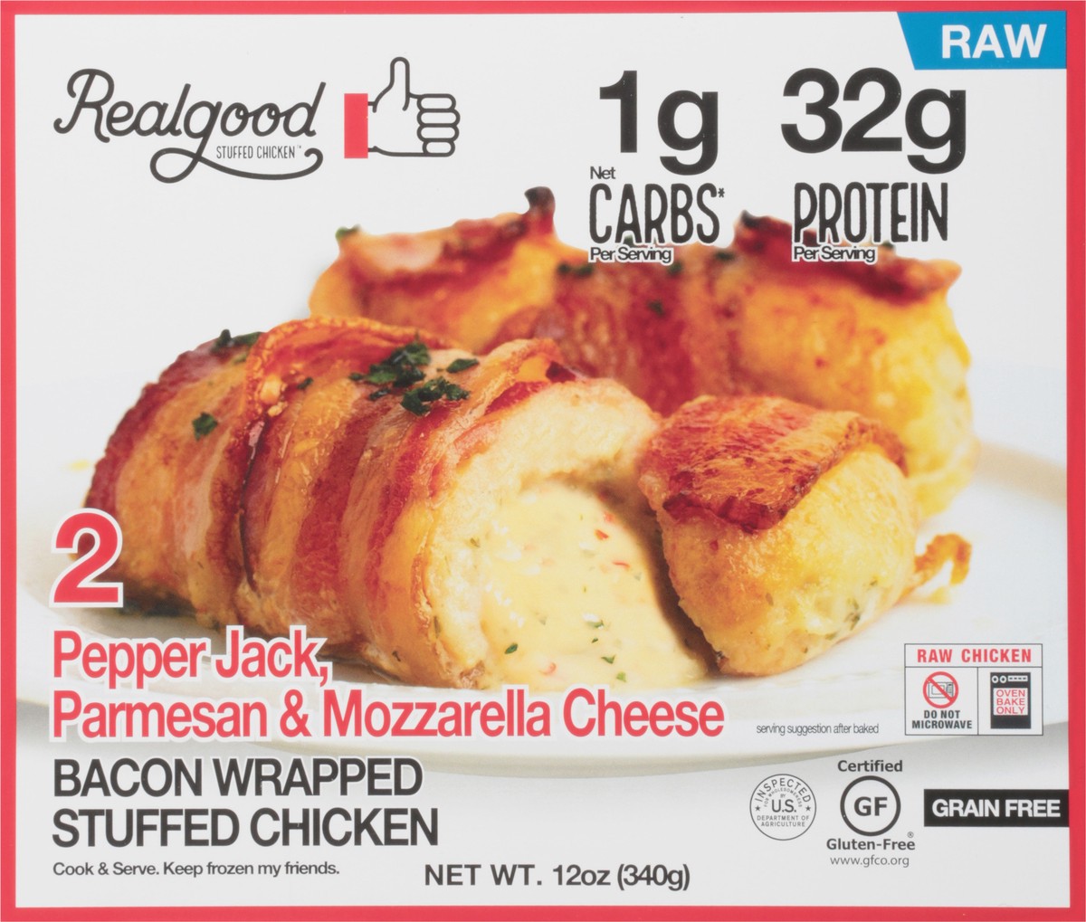 slide 4 of 13, Realgood Foods Co. Pepper Jack, Parmesan & Mozzarella Cheese Bacon Wrapped Stuffed Chicken 2 ea, 12 oz