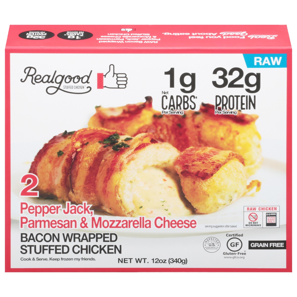 slide 7 of 13, Realgood Foods Co. Pepper Jack, Parmesan & Mozzarella Cheese Bacon Wrapped Stuffed Chicken 2 ea, 12 oz