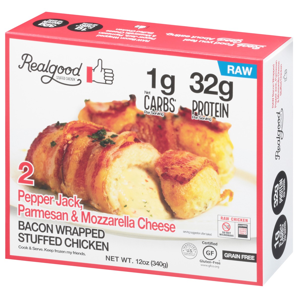 slide 8 of 13, Realgood Foods Co. Pepper Jack, Parmesan & Mozzarella Cheese Bacon Wrapped Stuffed Chicken 2 ea, 12 oz