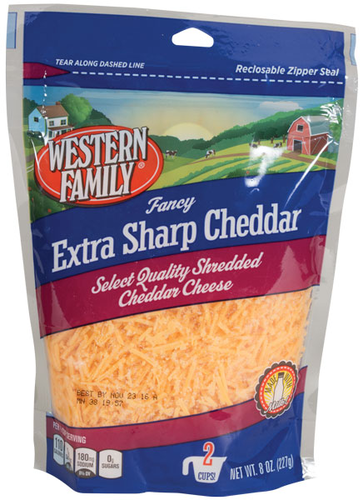 slide 1 of 1, Western Family Extra Sharp Shred Cheese, 8 oz