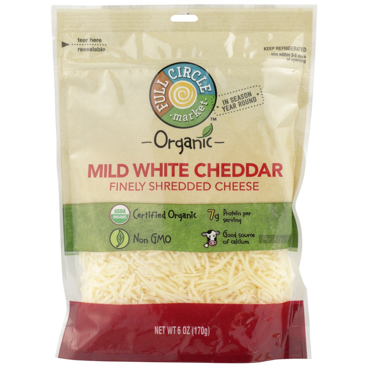 slide 3 of 9, Full Circle Market Organic Mild White Cheddar Finely Shredded Cheese, 6 oz