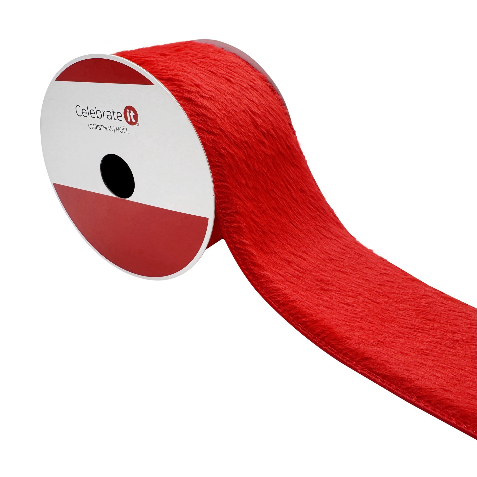 slide 2 of 3, 2.5" X 15ft. Red Wired Faux Fur Ribbon By Celebrate It, 2.5 in x 15 ft