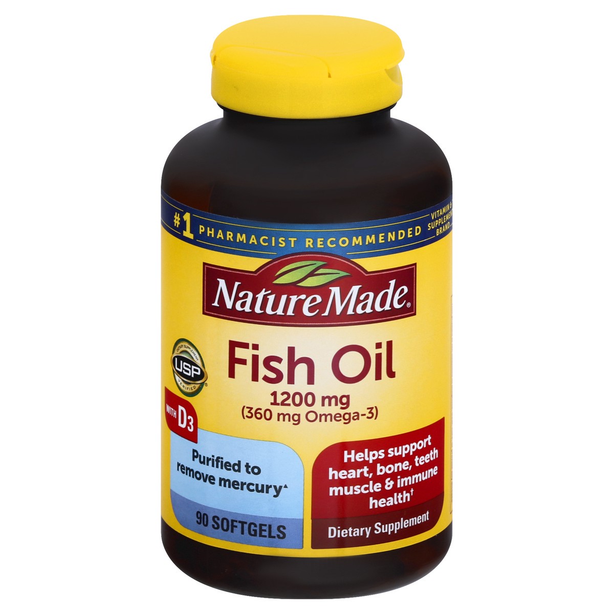 slide 1 of 4, Nature Made Fish Oil Omega 3 1200 mg with Vitamin D3 2000 IU, 90 Softgels, Omega 3 Supplement For Heart, Bone, Teeth, Muscle, and Immune Health, 90 ct