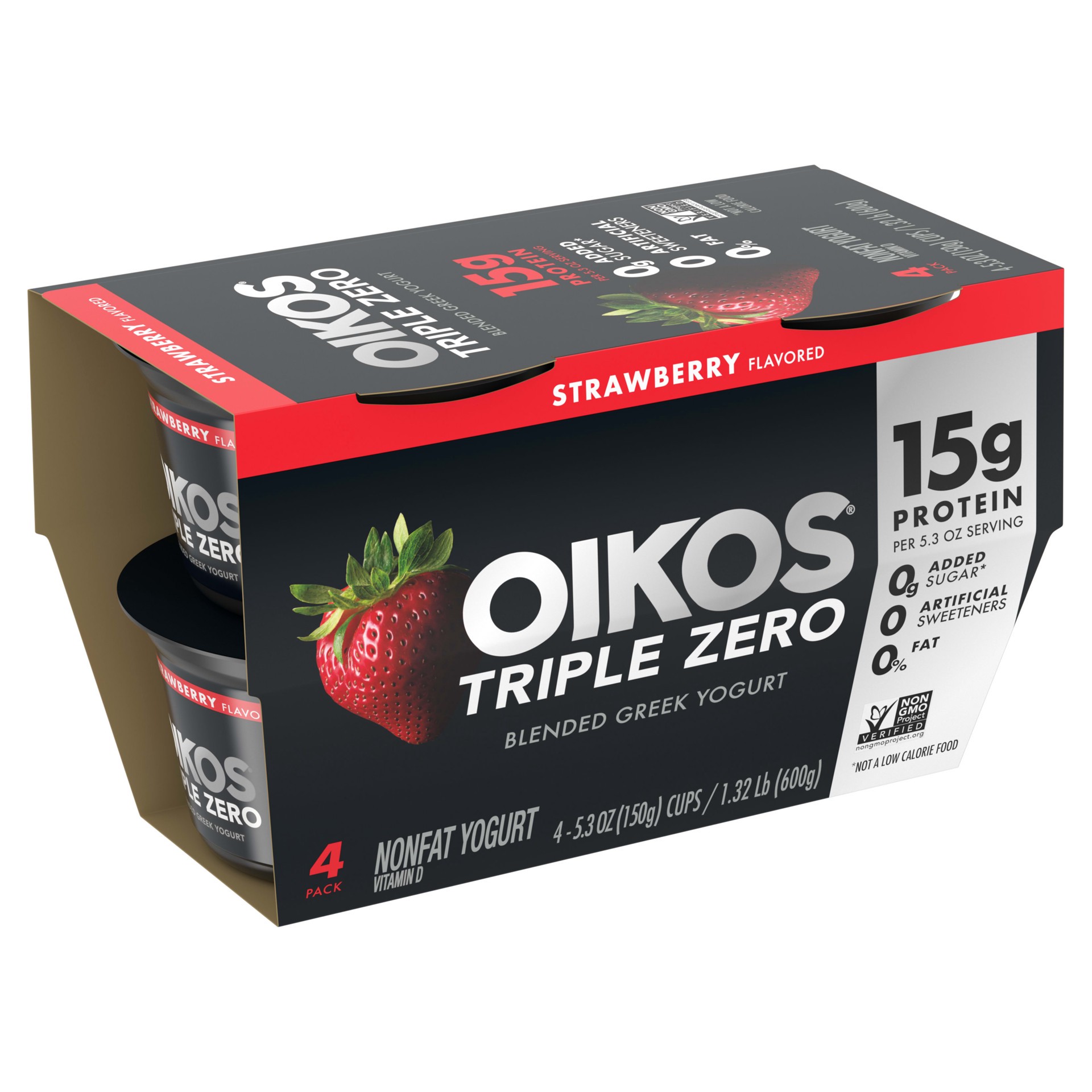 slide 5 of 5, Oikos Triple Zero Strawberry Nonfat Greek Yogurt Pack, 0% Fat, 0g Added Sugar and 0 Artificial Sweeteners, Just Delicious High Protein Yogurt, 4 Ct, 5.3 OZ Cups, 5.3 oz