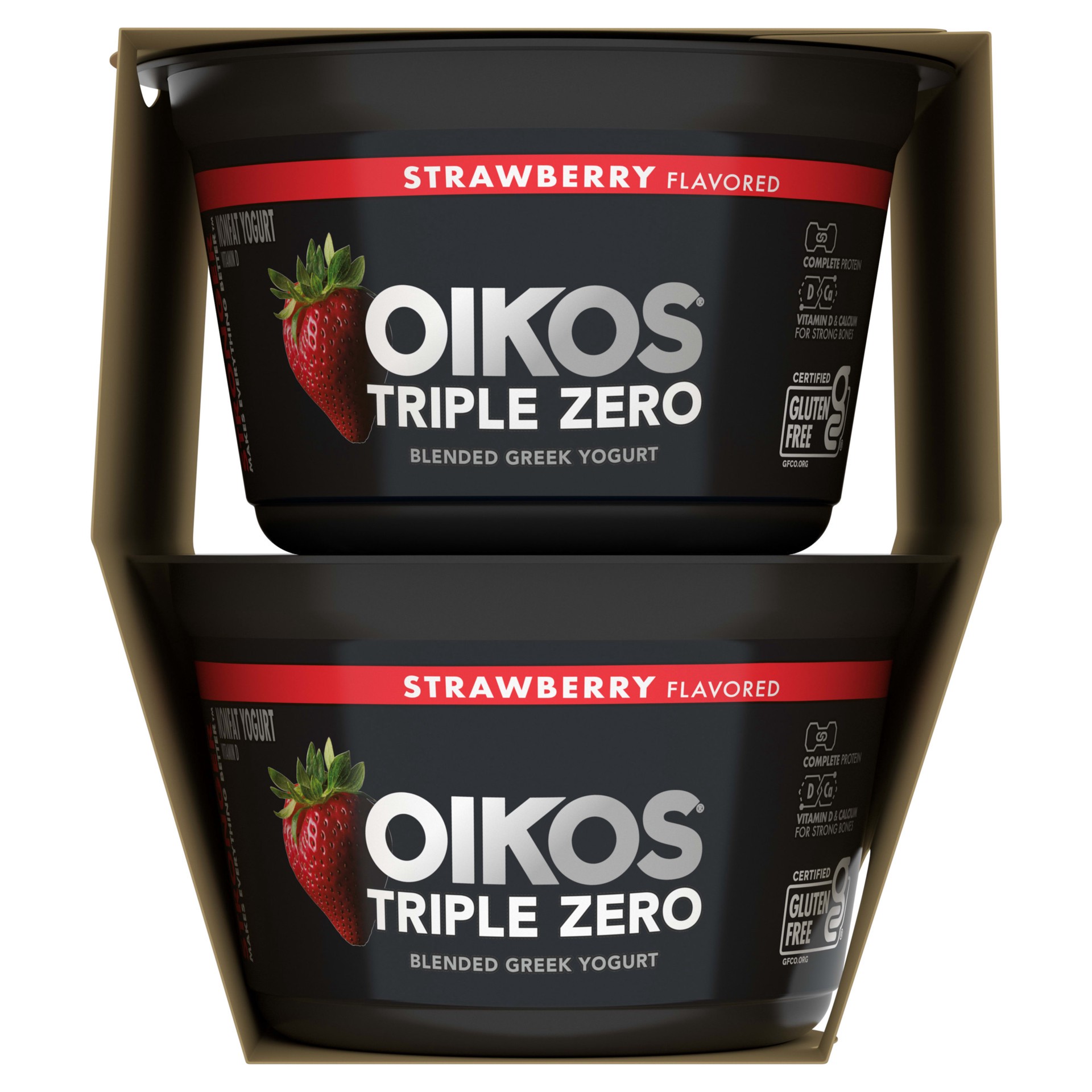 slide 2 of 5, Oikos Triple Zero Strawberry Nonfat Greek Yogurt Pack, 0% Fat, 0g Added Sugar and 0 Artificial Sweeteners, Just Delicious High Protein Yogurt, 4 Ct, 5.3 OZ Cups, 5.3 oz