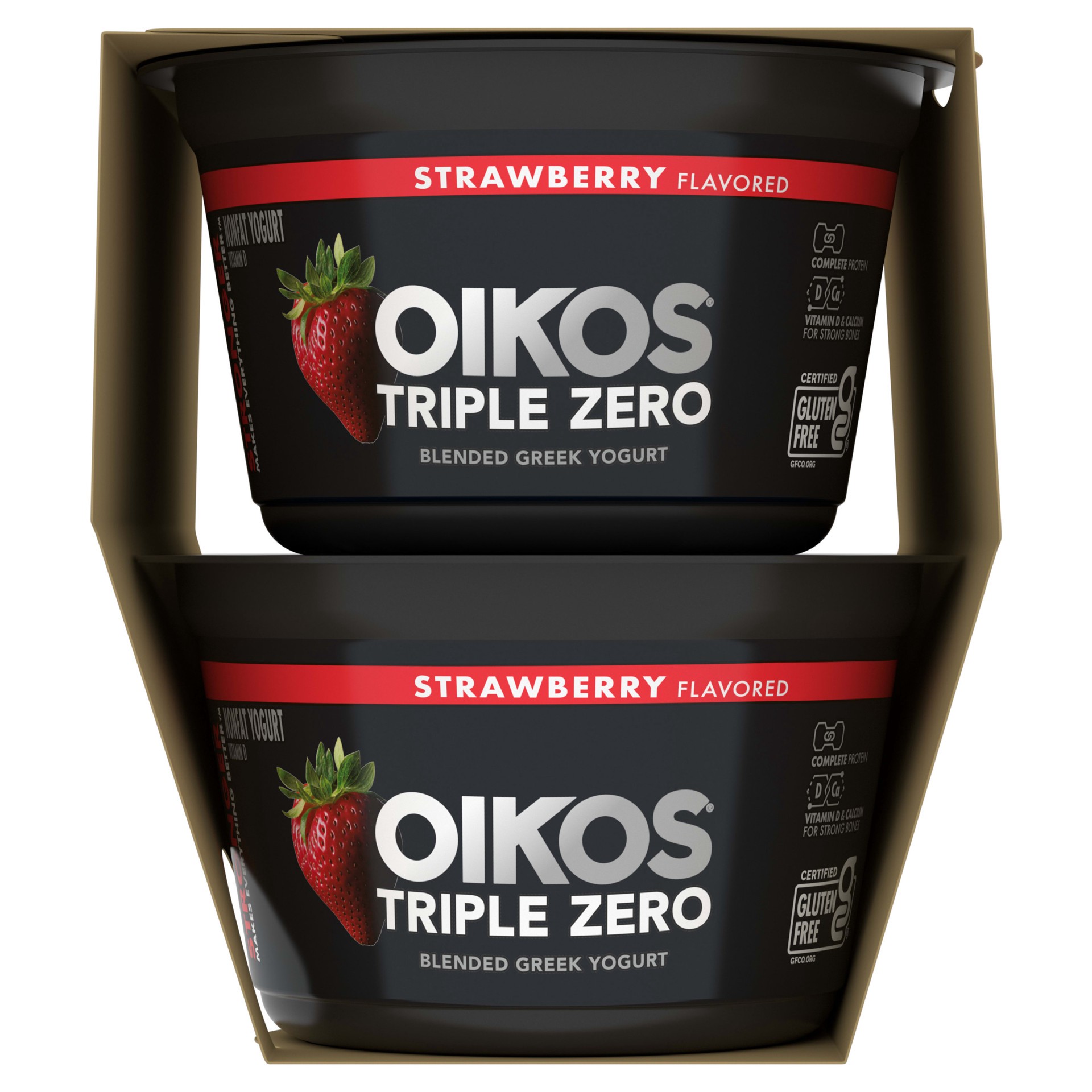 slide 4 of 5, Oikos Triple Zero Strawberry Nonfat Greek Yogurt Pack, 0% Fat, 0g Added Sugar and 0 Artificial Sweeteners, Just Delicious High Protein Yogurt, 4 Ct, 5.3 OZ Cups, 5.3 oz