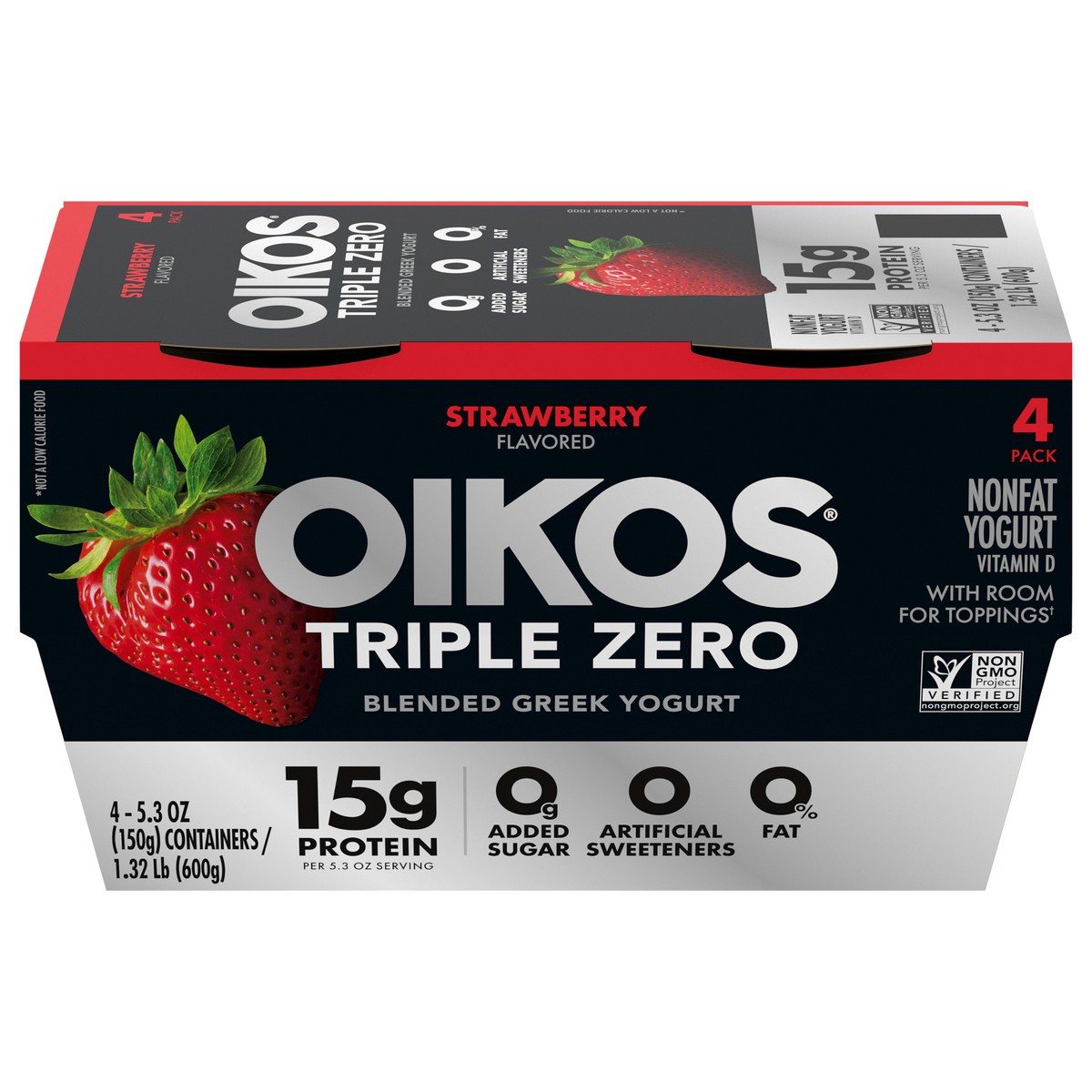 slide 1 of 5, Oikos Triple Zero Strawberry Nonfat Greek Yogurt Pack, 0% Fat, 0g Added Sugar and 0 Artificial Sweeteners, Just Delicious High Protein Yogurt, 4 Ct, 5.3 OZ Cups, 5.3 oz