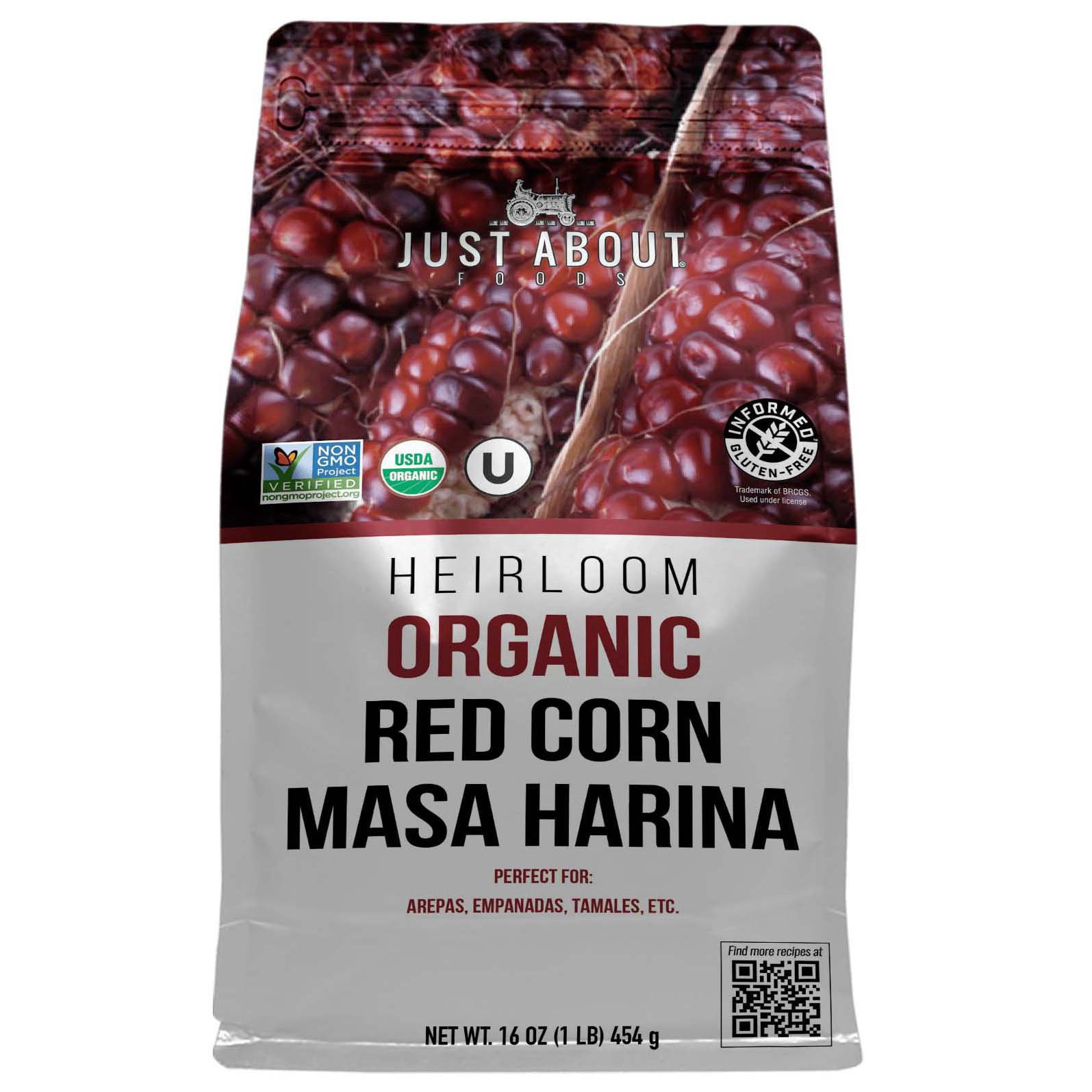 slide 1 of 1, Just About Foods Heirloom Organic Red Corm Masa Harina, 16 oz