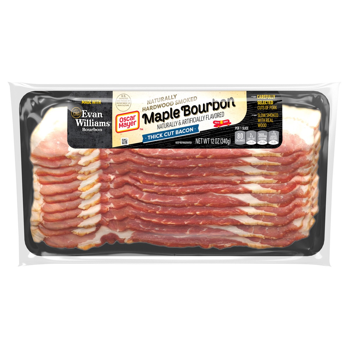 slide 1 of 14, Oscar Mayer Maple Bourbon Naturally and Artificially Flavored Thick Cut Sliced Bacon, 1 Pack, for Sandwiches and Breakfast Sides, Made with Evan Williams Bourbon, Naturally Hardwood Smoked, 12 oz, 12 oz