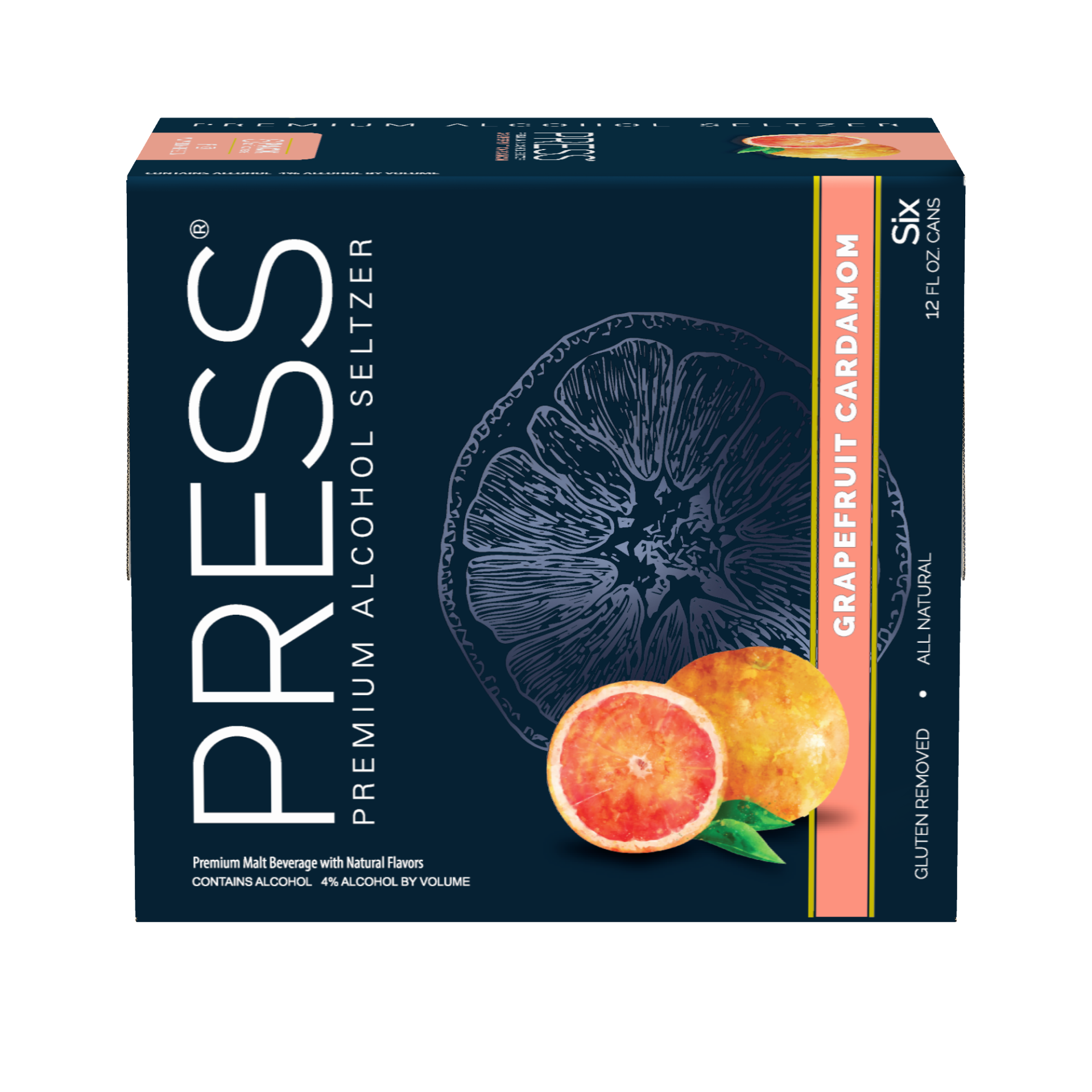 slide 1 of 1, PRESS Premium Hard Seltzer Grapefruit Cardamom Malt Beverage, 6 pk 12 fl oz Cans, 4.0% ABV, 12 oz