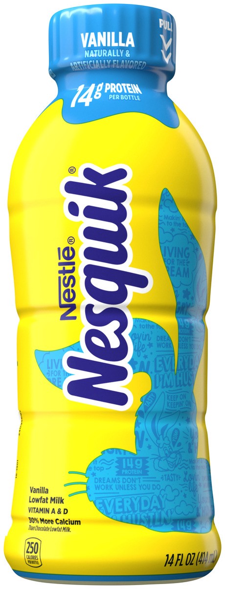 slide 1 of 3, Nesquik Vanilla Flavored Lowfat Milk, Ready to Drink 14 fl oz., 14 oz