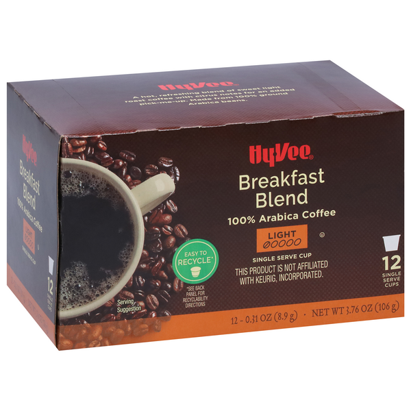 slide 1 of 1, Hy-vee Light Roast Breakfast Blend 100% Arabica Coffee Single Serve Cups - 12 ct, 12 ct