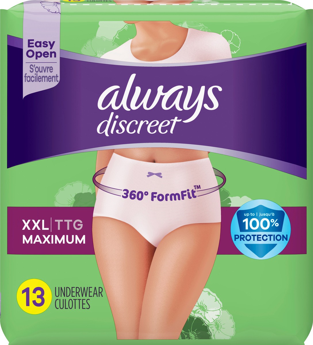 slide 2 of 4, Always Discreet Adult Incontinence Underwear for Women and Postpartum Underwear, XXL, 13 CT, up to 100% Bladder Leak Protection, 13 ct