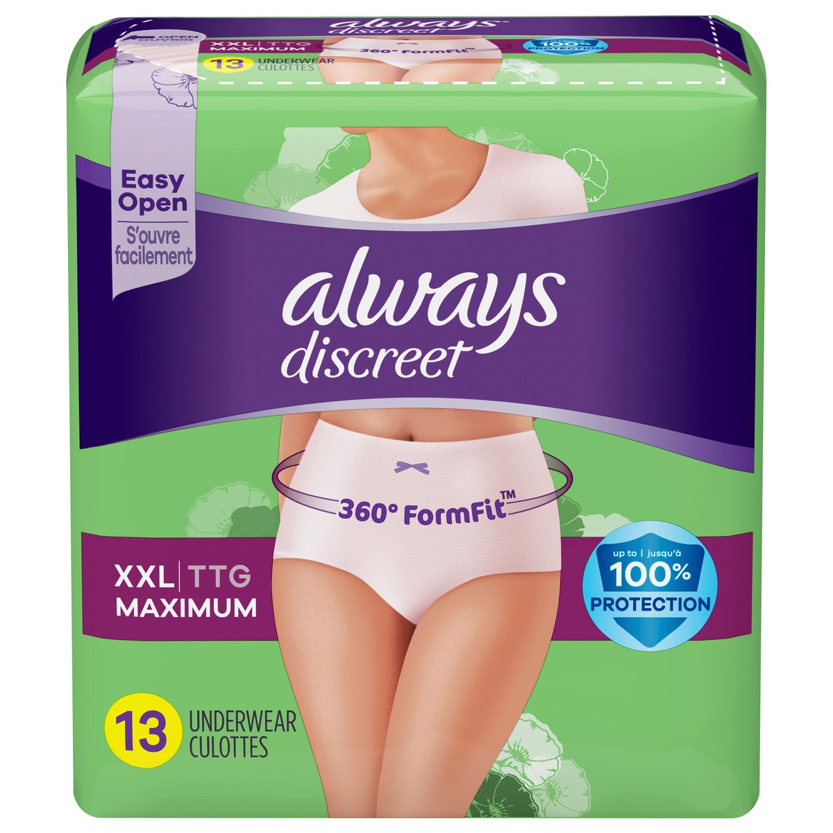 slide 1 of 4, Always Discreet Adult Incontinence Underwear for Women and Postpartum Underwear, XXL, 13 CT, up to 100% Bladder Leak Protection, 13 ct