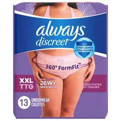 Always Discreet Adult Incontinence Underwear for Women and Postpartum Underwear, XXL, 13 CT, up to 100% Bladder Leak Protection