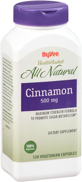 slide 1 of 1, Hy-Vee HealthMarket All Natural Cinnamon Dietary Supplement 500 mg Vegetarian Capsules, 120 ct