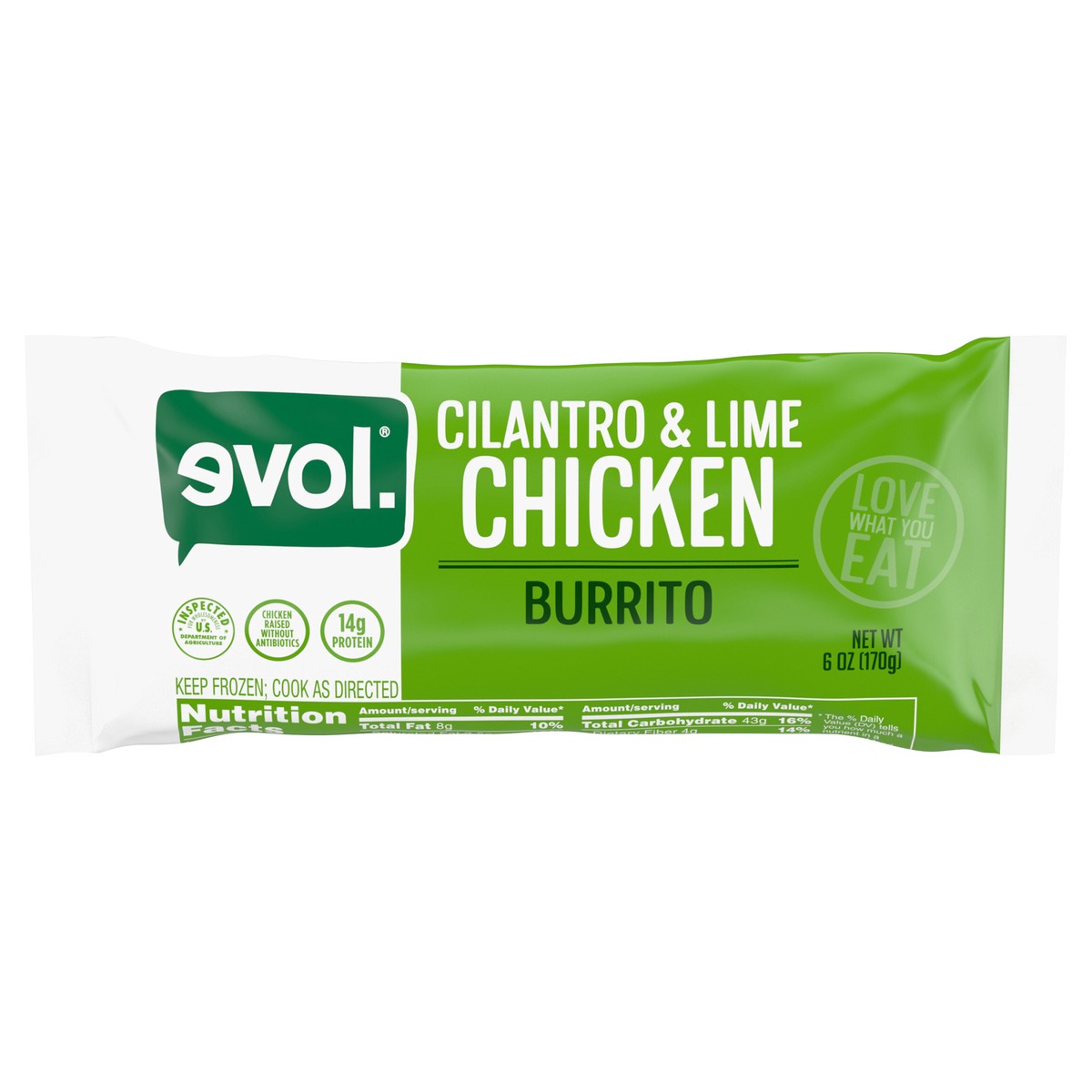 slide 1 of 7, EVOL Evol Cilantro Lime Chicken Burrito, Frozen Meal, 6 oz., 6 oz