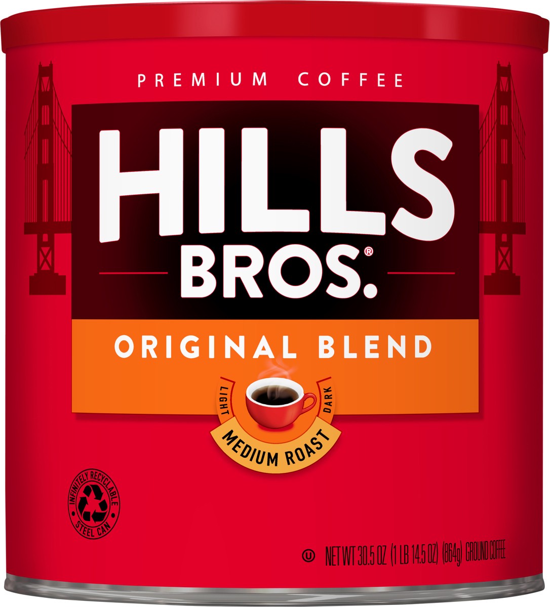 slide 5 of 7, Hills Bros. Original Blend Medium Roast Ground Coffee 30.5 oz. Can, 30.5 oz