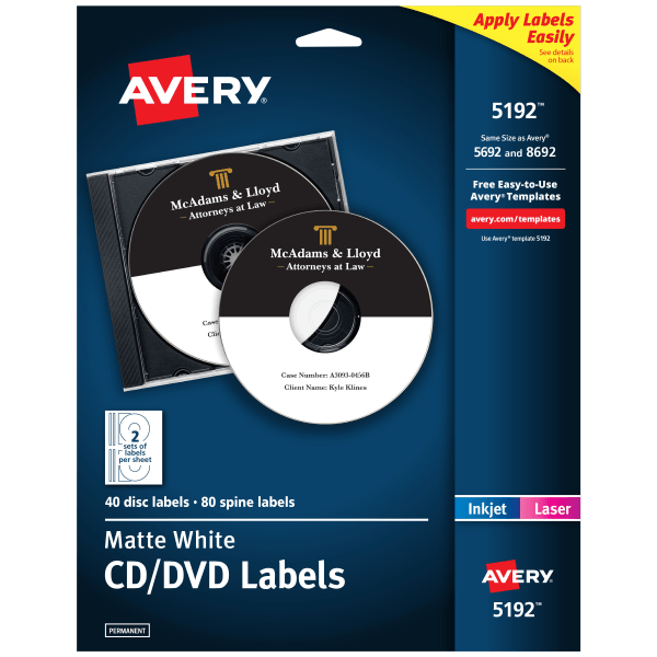 slide 1 of 6, Avery Printable Cd Labels, 5192, Round, Matte White, 4.65"", Pack Of 40, 40 ct
