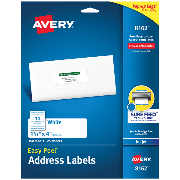 slide 1 of 9, Avery 08162, Easy Peel Inkjet Address Labels, 1 1/3 x 4, White, 350 ct