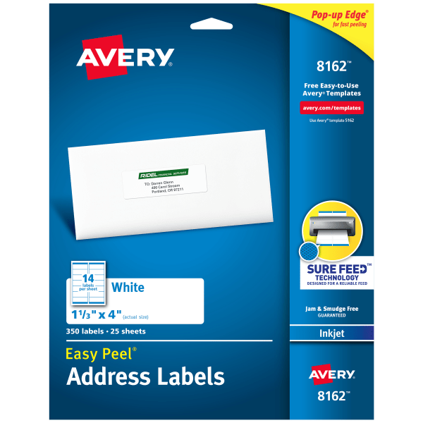 slide 1 of 9, Avery 08162, Easy Peel Inkjet Address Labels, 1 1/3 x 4, White, 350 ct