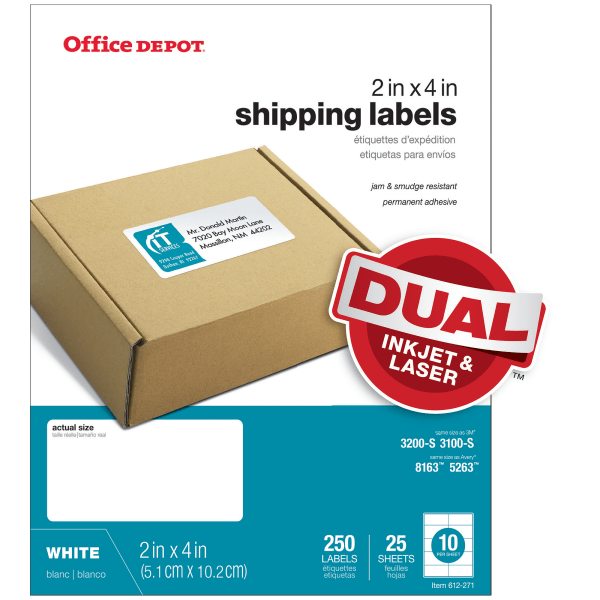 slide 1 of 4, Office Depot Brand White Inkjet/Laser Shipping Labels, 505-O004-0007, 2'' X 4'', Pack Of 250, 250 ct