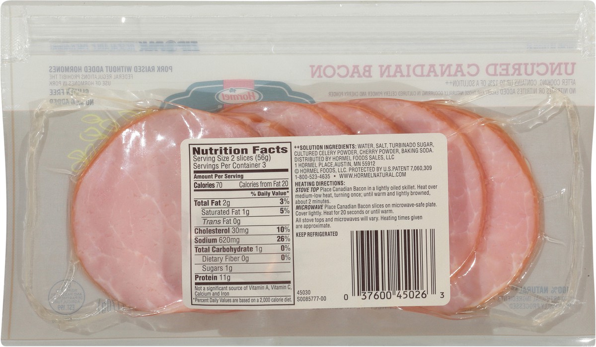 slide 7 of 10, Hormel Natural Choice Fully Cooked Uncured Sliced Canadian Bacon 6 ct Zip-Pak, 6 ct