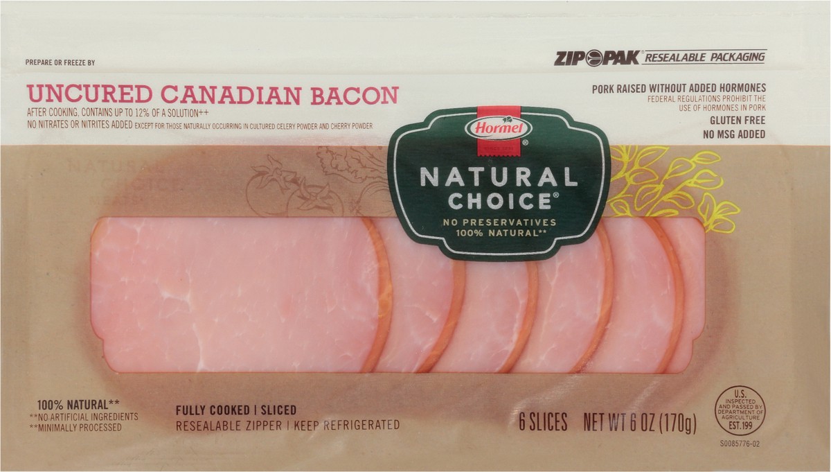 slide 8 of 10, Hormel Natural Choice Fully Cooked Uncured Sliced Canadian Bacon 6 ct Zip-Pak, 6 ct
