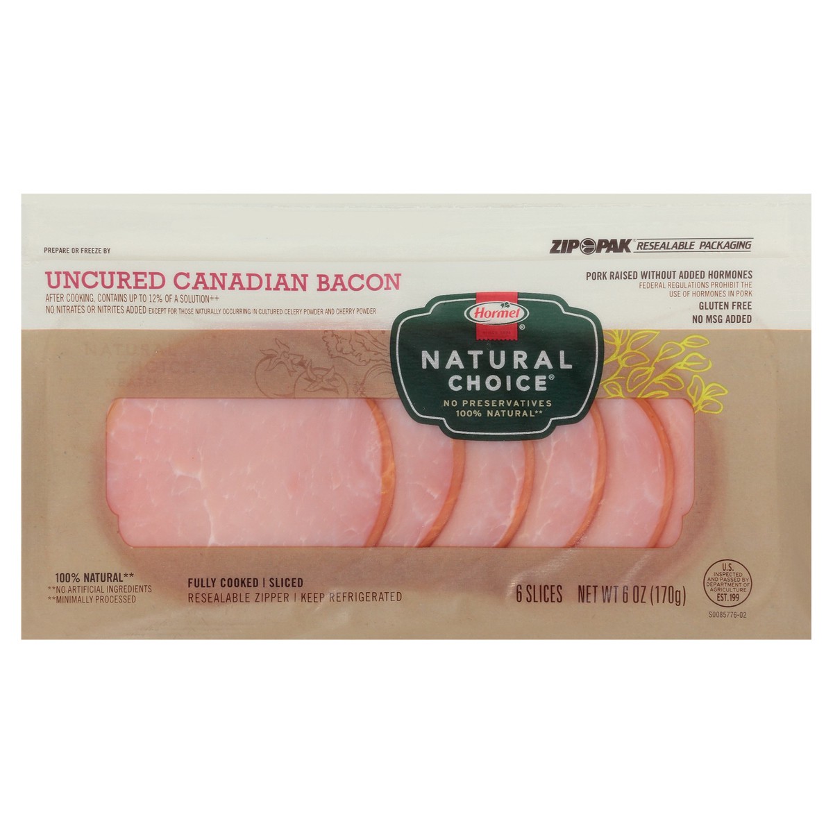 slide 1 of 10, Hormel Natural Choice Fully Cooked Uncured Sliced Canadian Bacon 6 ct Zip-Pak, 6 ct