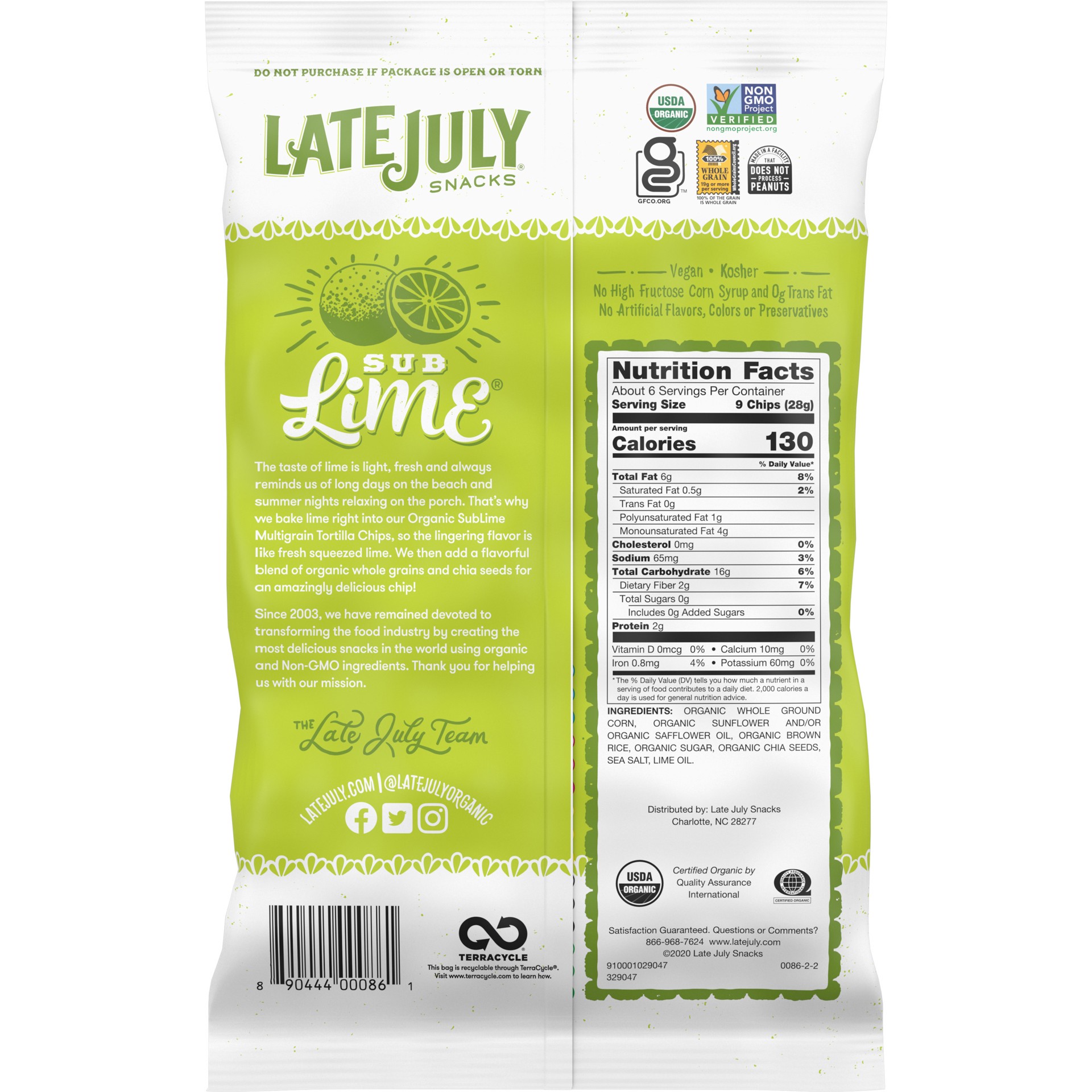 slide 5 of 5, LATE JULY Snacks Multigrain SUB Lime™ Tortilla Chips, 5.5 oz. Bag, 5.5 oz