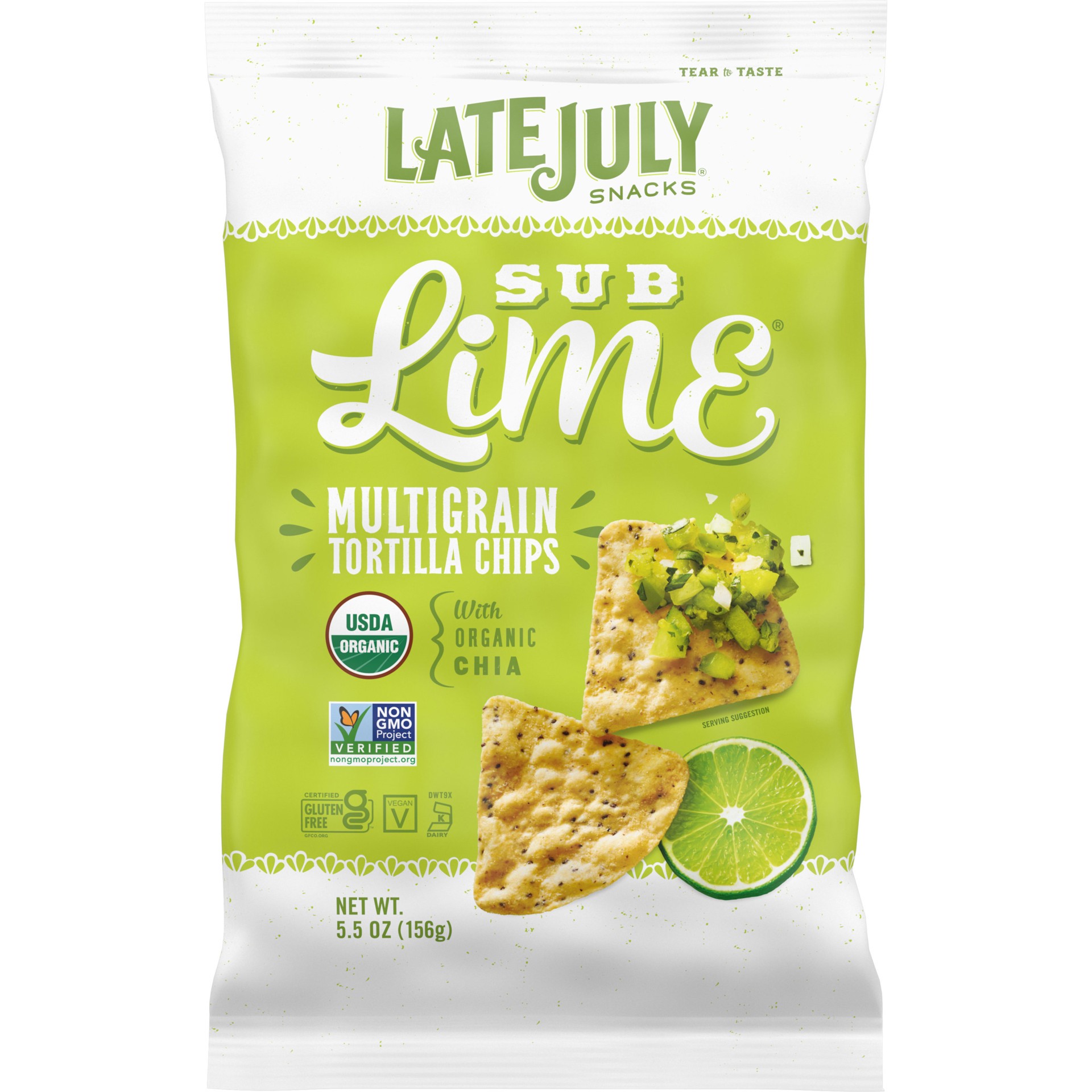 slide 1 of 5, LATE JULY Snacks Multigrain SUB Lime™ Tortilla Chips, 5.5 oz. Bag, 5.5 oz