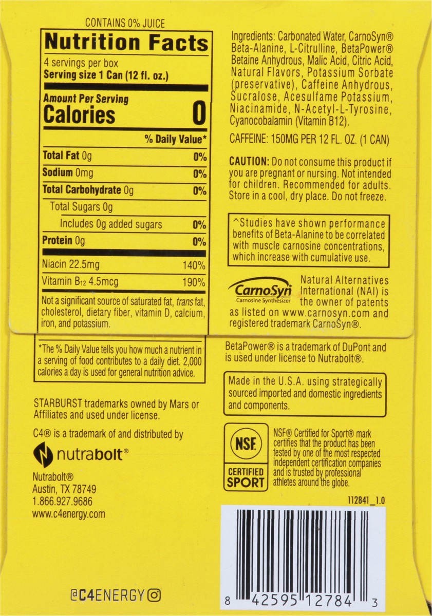slide 2 of 9, C4 Sport Zero Sugar Performance Starburst Strawberry Energy Drink 4 - 12 fl oz Cans, 12 oz