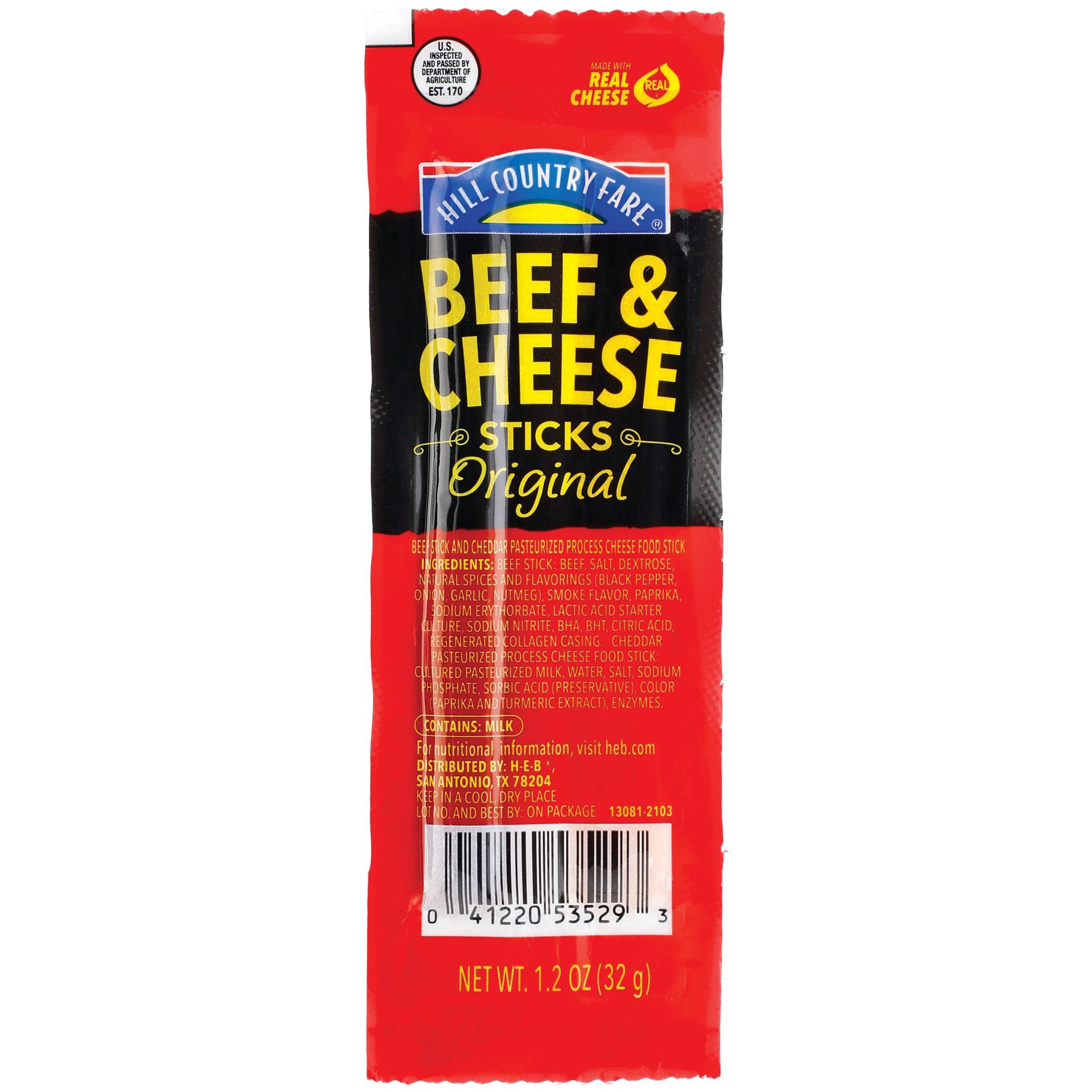 slide 1 of 1, Hill Country Fare Beef & Cheddar Cheese Stick, 1.2 oz