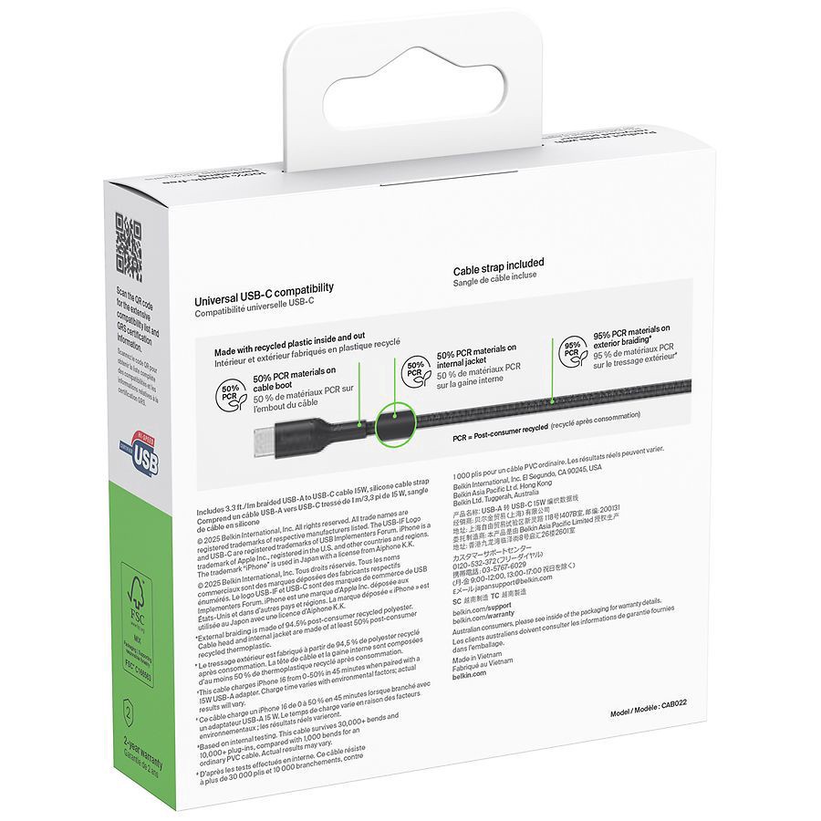 slide 3 of 3, Belkin Braided USB-A to USB-C 3.3ft PCR Cable, 1 ct