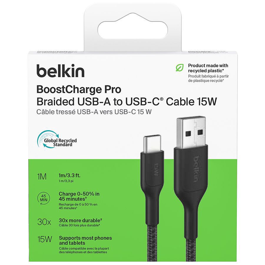 slide 2 of 3, Belkin Braided USB-A to USB-C 3.3ft PCR Cable, 1 ct