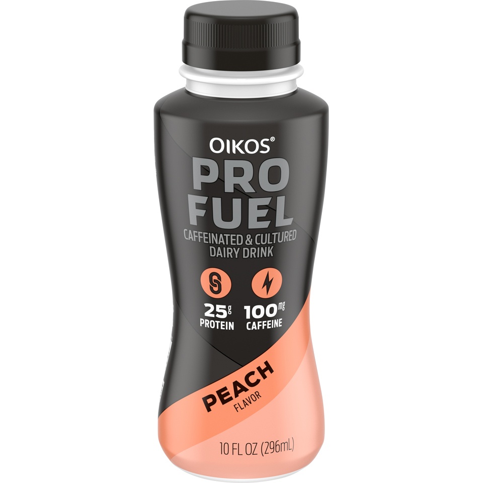 slide 1 of 5, Oikos Pro Fuel Peach Caffeinated & Cultured Dairy Drink, 10 fl oz