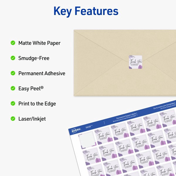 slide 4 of 9, Avery Printable Labels With Sure Feed, Square, 1"" X 1"", Matte White, Pack Of 1200, 1200 ct
