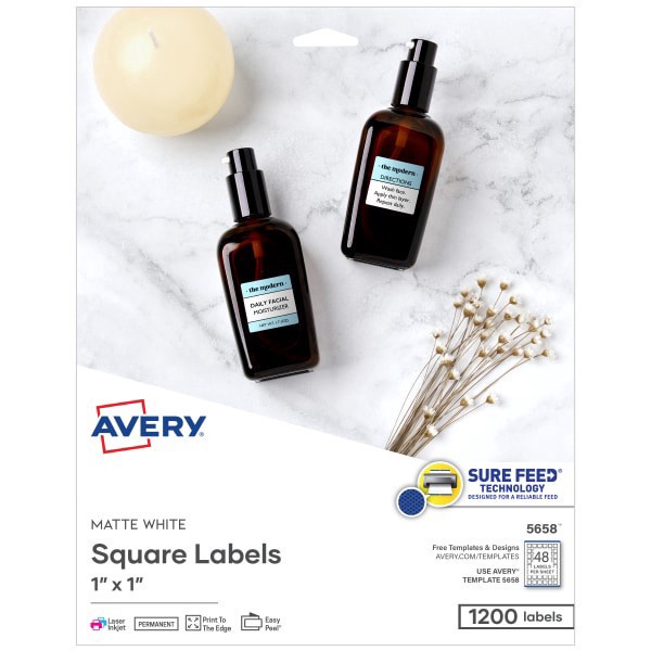 slide 1 of 9, Avery Printable Labels With Sure Feed, Square, 1"" X 1"", Matte White, Pack Of 1200, 1200 ct