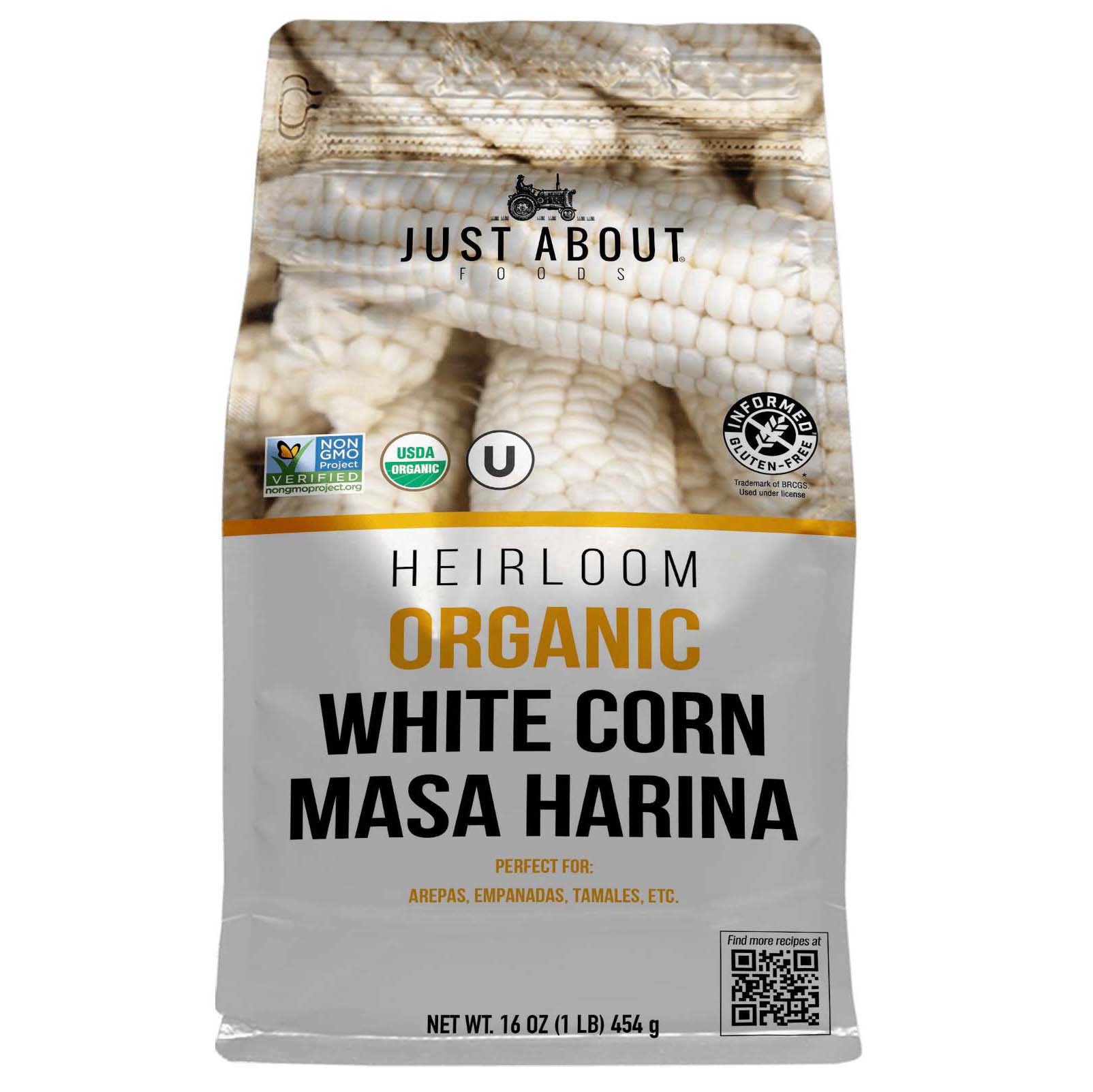 slide 1 of 1, Just About Foods Heirloom Organic White Corm Masa Harina, 16 oz