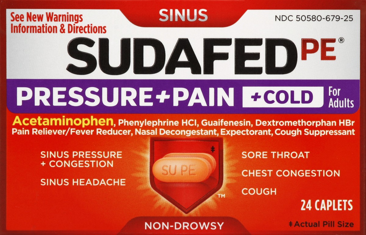 slide 3 of 6, Sudafed PE Pressure + Pain + Cold Medicine Caplets with 325 mg Acetaminophen, 100 mg of Guaifenesin, 10mg of Dextromethorphan & 5 mg of Phenylephrine HCl for Sinus Congestion, Nasal Congestion & Cold Relief in Adults, 24 ct, 24 ct