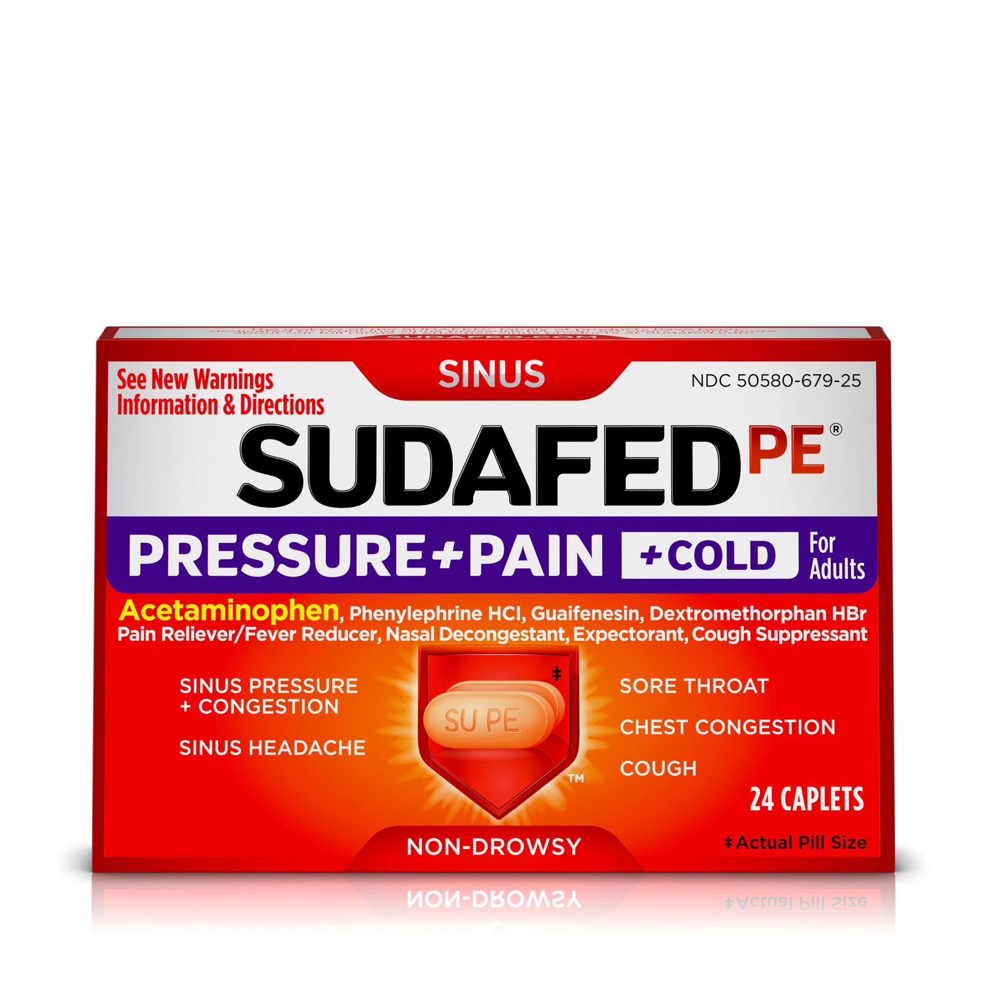 slide 1 of 6, Sudafed PE Pressure + Pain + Cold Medicine Caplets with 325 mg Acetaminophen, 100 mg of Guaifenesin, 10mg of Dextromethorphan & 5 mg of Phenylephrine HCl for Sinus Congestion, Nasal Congestion & Cold Relief in Adults, 24 ct, 24 ct