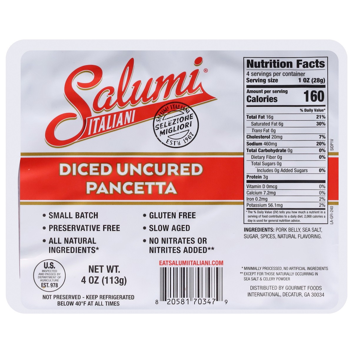 slide 1 of 13, Italiani Uncured Pancetta Diced, 4 oz