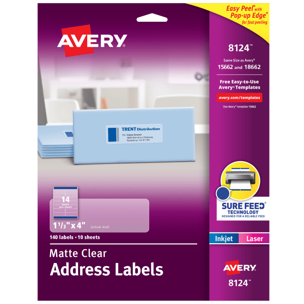 slide 1 of 8, Avery Printable Labels With Sure Feed, Rectangle, 1-1/3"" X 4"", Matte Clear, Pack Of 140, 140 ct