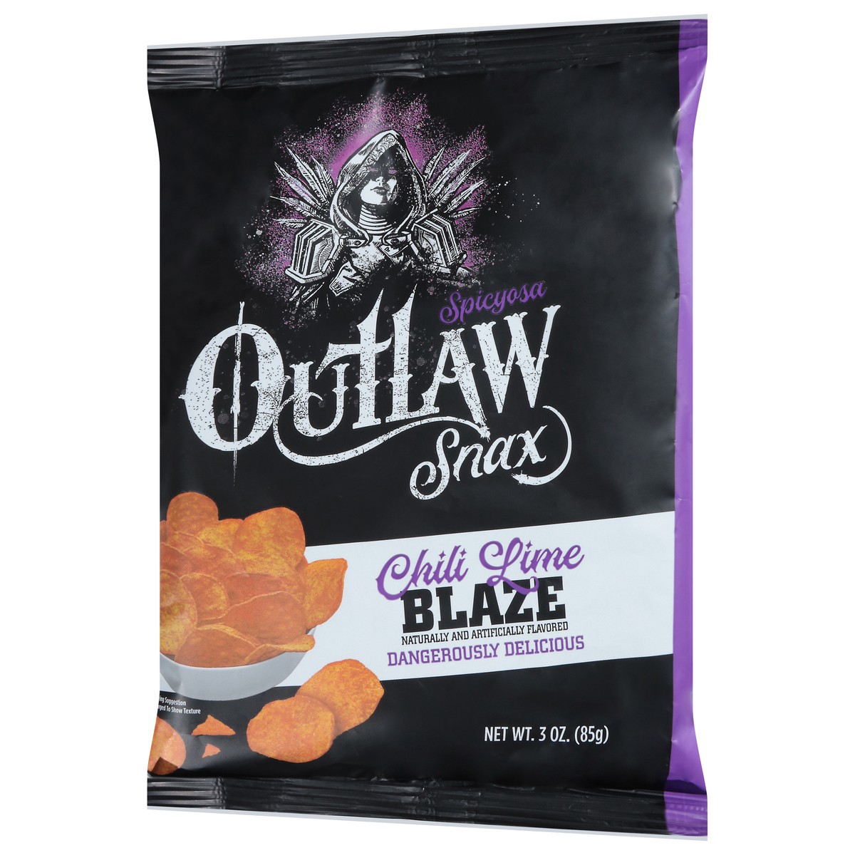 slide 13 of 13, Outlaw Snax Chili Lime Blaze Tortilla Ch, 3 oz