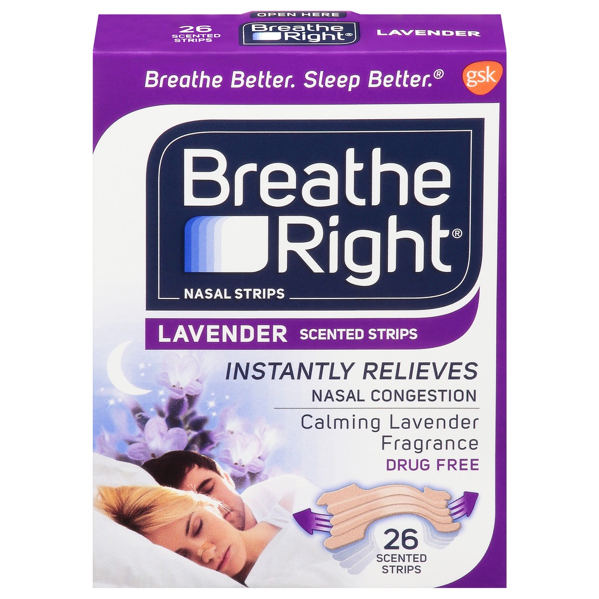 slide 1 of 28, Breathe Right Lavender Scented Nasal Strips 26 ea Box, 26 ct