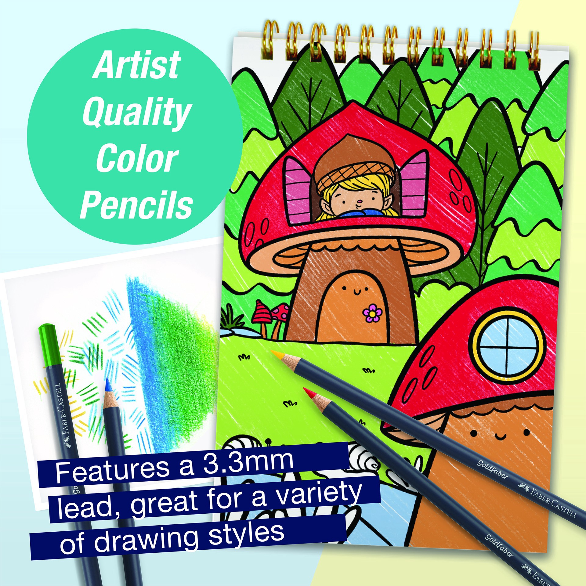 slide 5 of 5, Faber-Castell Enchanted Forest Learn To Draw Kit, 121 pale geranium lake, 187 burnt ochre, 167 green olive, 170 may green, 143 cobalt blue and 107 cadmium yellow
