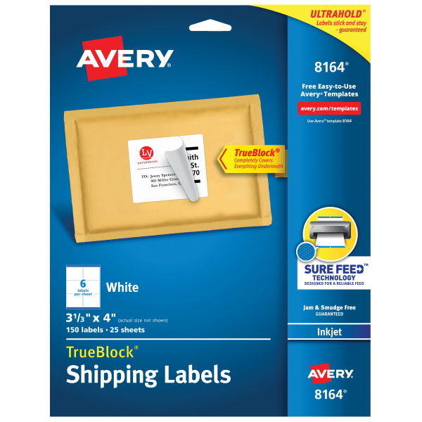 slide 1 of 10, Avery Trueblock Permanent Inkjet Shipping Labels, 8164, White, 150 ct; 3 1/3 in x 4 in