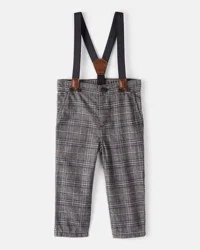 Oshkosh Baby Boy Plaid Cotton Pants With Suspenders - Grey, 3M